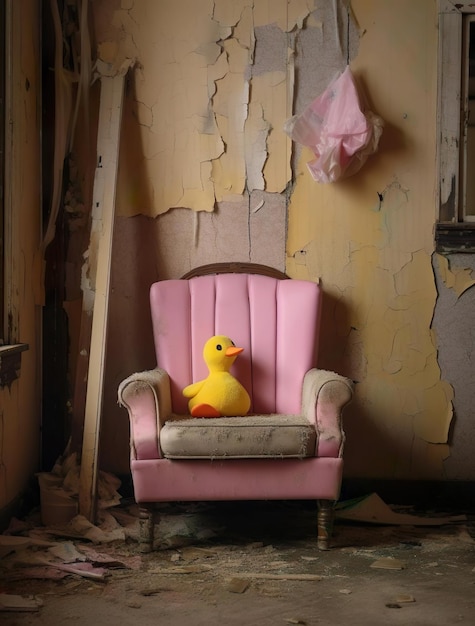 Foto mostra un divano rosa con anche un'anatra gialla in una casa abbandonata