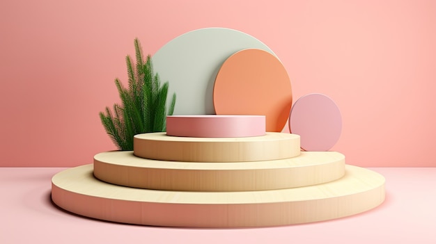 a display of a pink and white circle with a green plant in the middle.