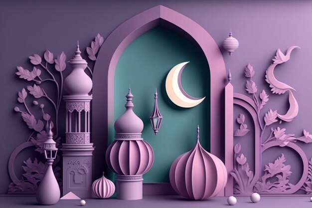 The display podium in the 3D modern Islamic holiday banner is decorated with a Ramadan lantern metal moon and mosque portal in a blue and pink monotone design Generative Ai