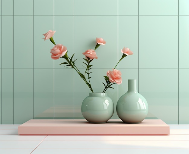 Foto podium di visualizzazione con vaso di fiori sfondo morbido 3d rendering 3d illustrazione