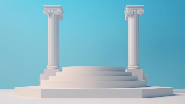 Подиум с белыми колоннами в древнегреческом стиле на голубом фоне. Создано с помощью технологии генеративного искусственного интеллекта.