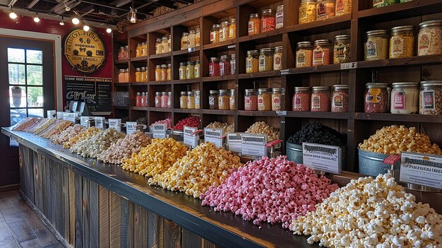 a display of popcorn and other products is displayed