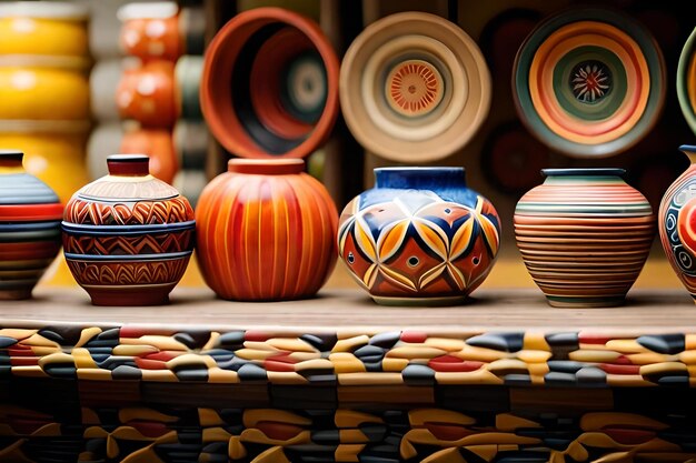 A display of pottery with a colorful design on the front