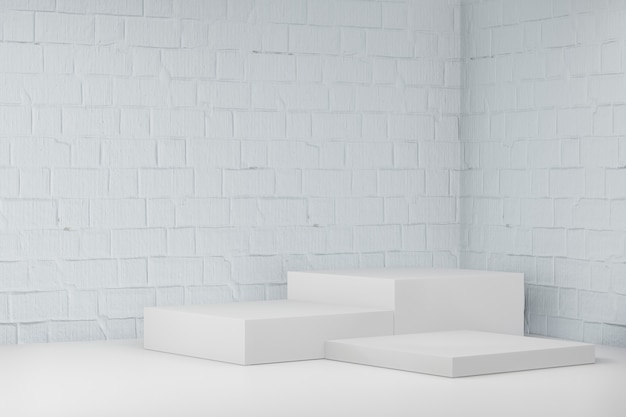 Display product stand, Three white block podium on white paint bricks corner background. 3D rendering illustration