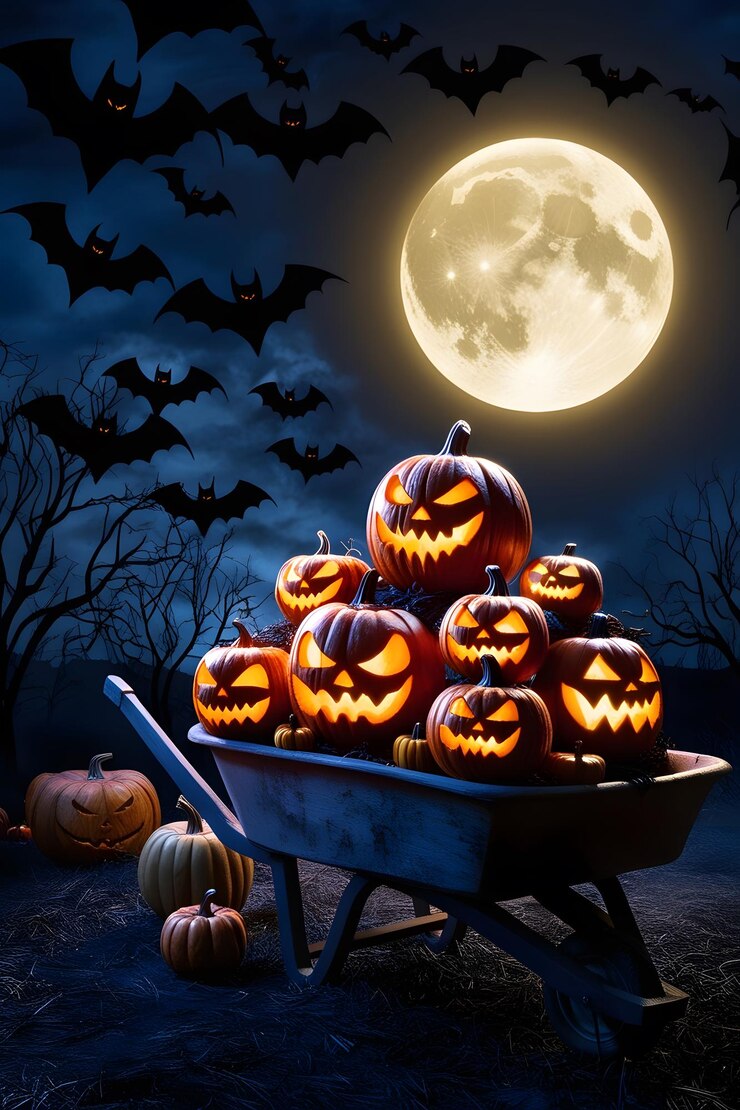 a display of pumpkins with bats and the moon behind them