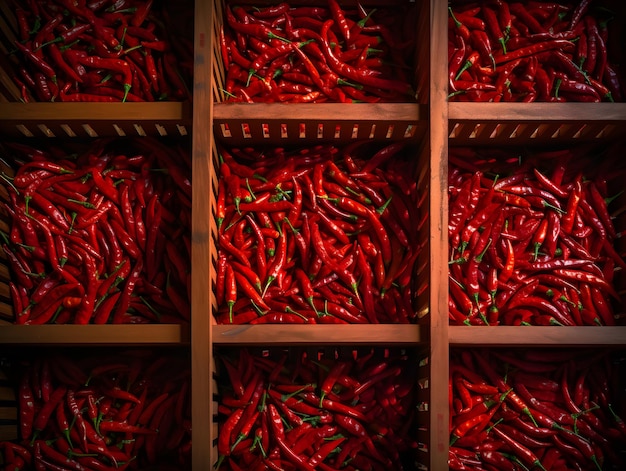 A display of red peppers in a wooden bin