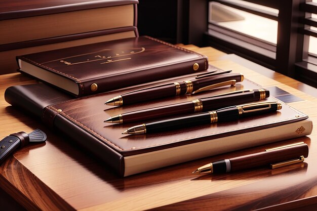 Display a set of luxury pens and leather notebooks on the wooden board against a classical mahogany desk