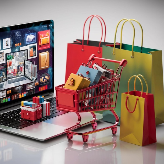 a display of shopping bags and a laptop with a box of shopping bags on the front