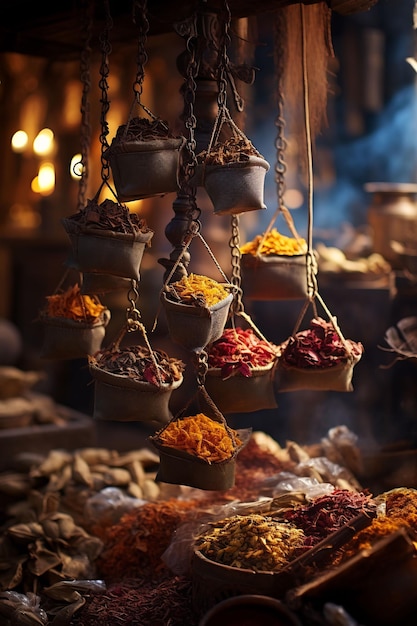 a display of spices and herbs is displayed at a market