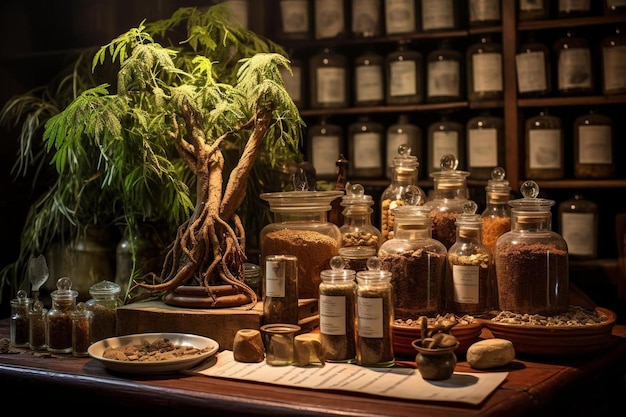 Photo a display of spices including a bottle of olive oil and a bottle of olive oil.