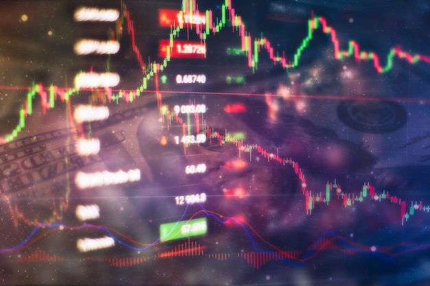 Visualizzazione delle quotazioni di borsa. grafico commerciale. tendenza ribassista rialzista. grafico a candele trend rialzista trend ribassista. sfondo del grafico commerciale: analisi della contabilità aziendale su fogli informativi.