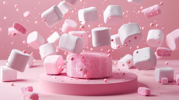 A display of sugary marshmallows d style isolated flying objects memphis style d render AI generated illustration