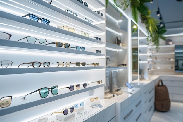 Display of sunglasses variety of sunglasses on shelves retail store