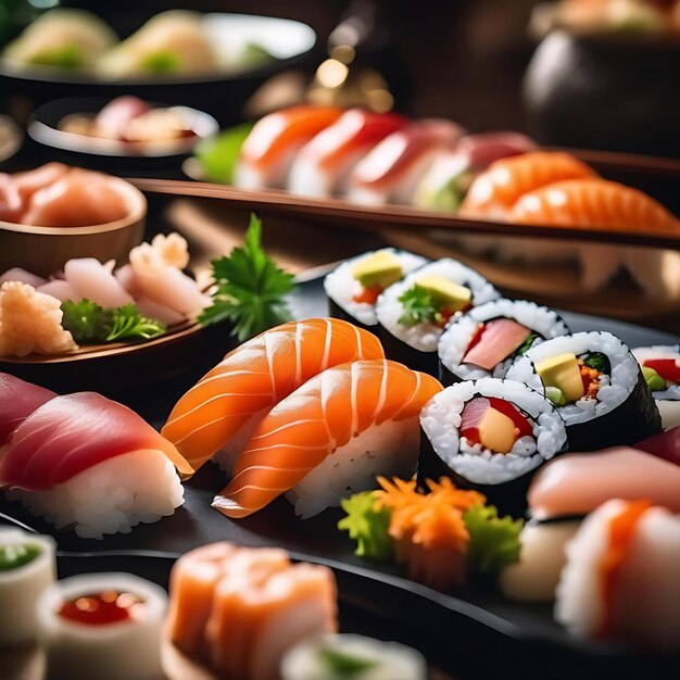 Photo a display of sushi with different sushi on it