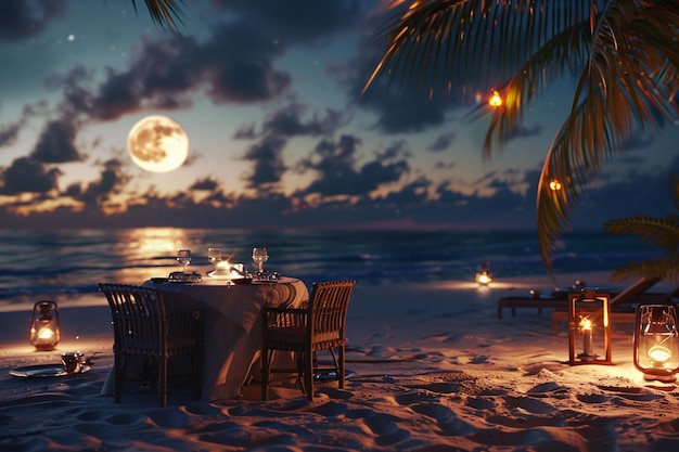 写真 月光のビーチの夕食のロマンチを表示する