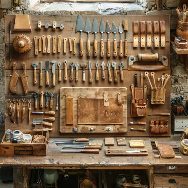 a display of tools including a sign that says wood