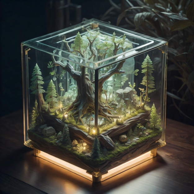 A display of trees in a cube with a box