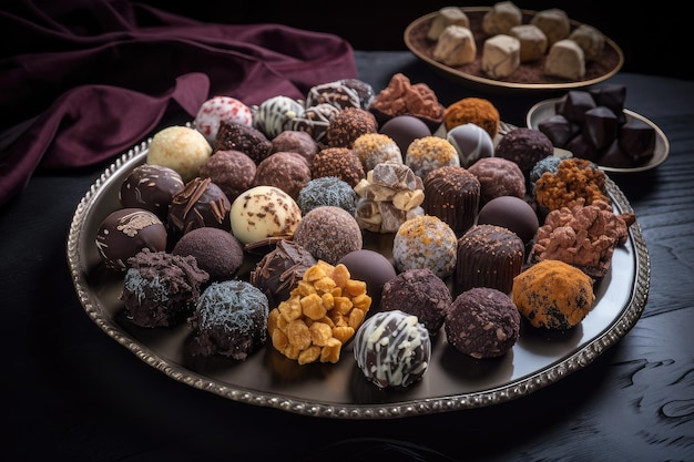 Display of truffles in various shapes and colors arranged artfully on platter