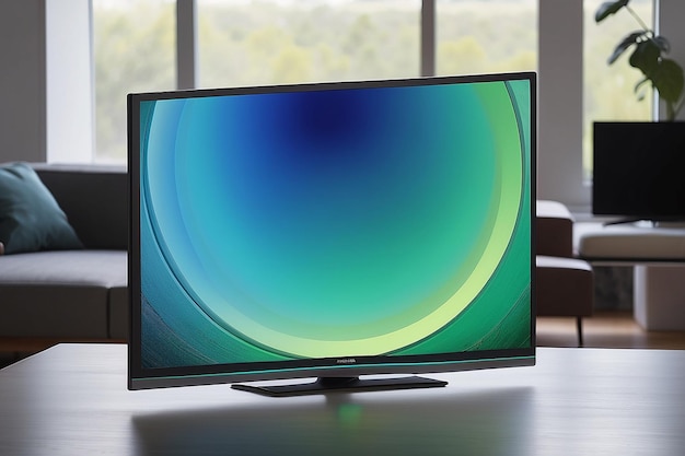 A display of a tv with a blue and green circle on the bottom