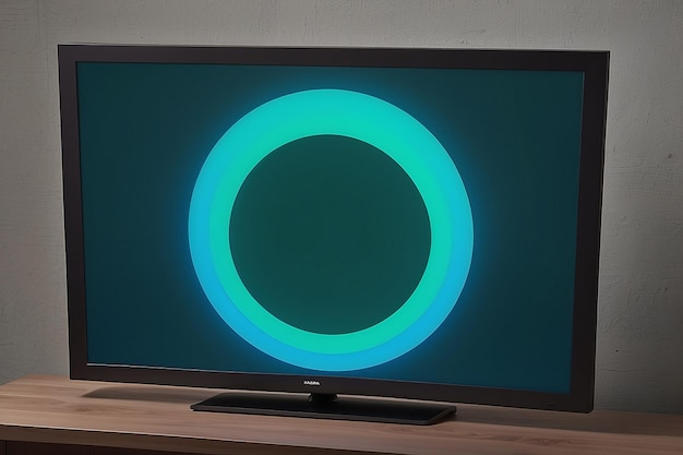 A display of a tv with a blue and green circle on the bottom