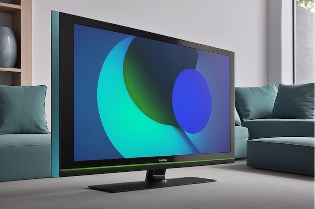 A display of a tv with a blue and green circle on the bottom