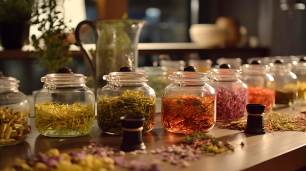 A display of various herbal teas and teapots served at the spa retreat