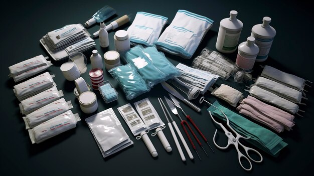 A display of various medical supplies such as bandages syringes and gloves