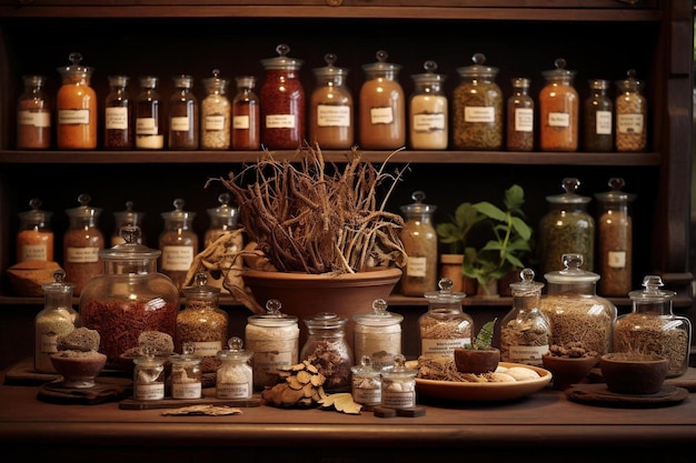 Photo a display of various spices including herbs, herbs, and spices.