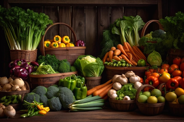 A display of vegetables including broccoli, carrots, and other fruits.