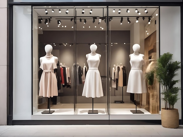 Display window of fashion or clothing boutique shop with blank clean signboard mockup Ai