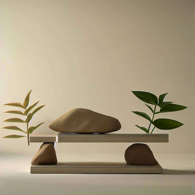 A display with a plant on it and a rock on it.