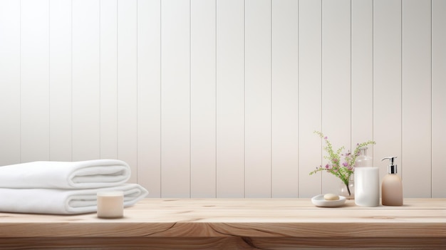Display your products on this empty wooden table complemented by a blurred bathroom interior background