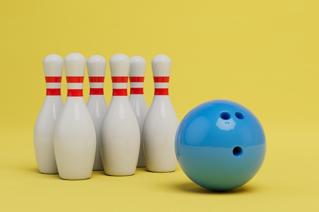 Displayed skittles and a blue bowling ball on a yellow background 3D render