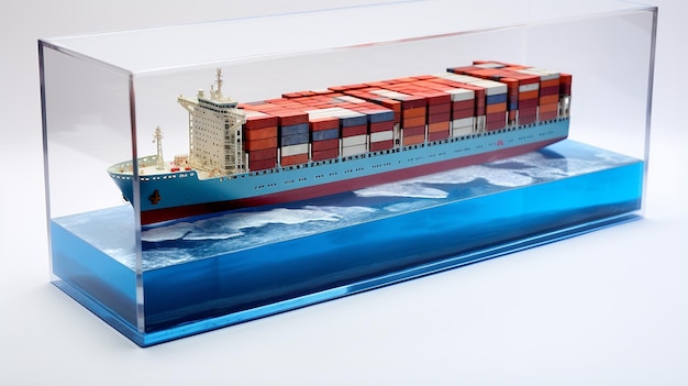 Photo displaying a 3d miniature container ship