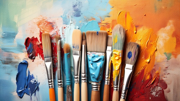 Displaying a set of artist brushes paints and a canvas capturing the essence of creativity and art