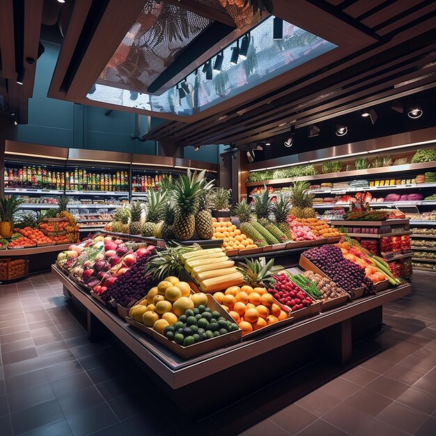 Displays of colorful fruits and vegetable