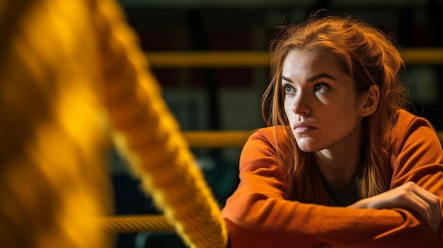 Displays a serious female boxer leaning on the ropes of the ring Generative AI