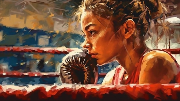 Displays a serious female boxer leaning on the ropes of the ring Generative AI