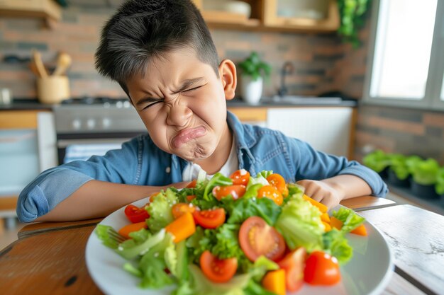 Photo displeased boy rejects fresh salad unhappy with meal