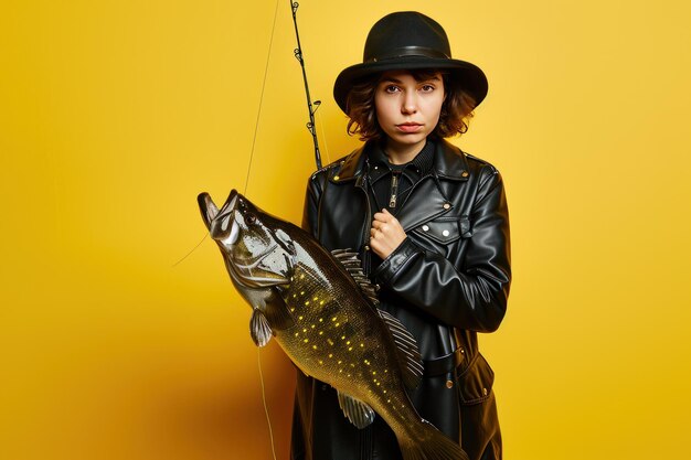 Displeased female fisher poses with big fish demo ai generative