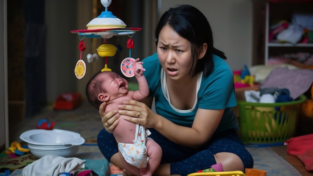 Displeased upset mother being tired of nursing baby infant holds mobile tries to sooth crying new
