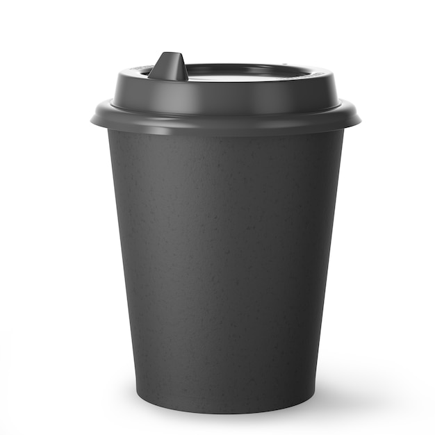 Disposable black paper coffee cup for hot drinks with black lid on white background. 3d render.