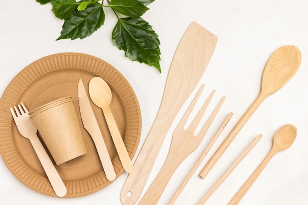 Disposable cardboard dishes. Wooden forks and spoons. Eco-friendly dish