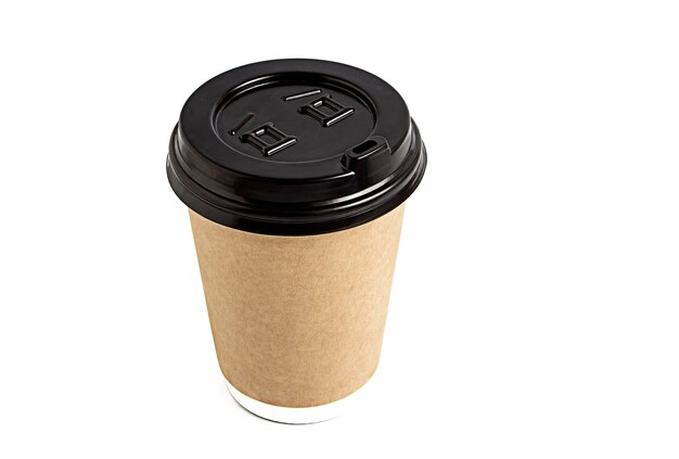 disposable cardboard takeaway coffee cup insulated on white surface isolated