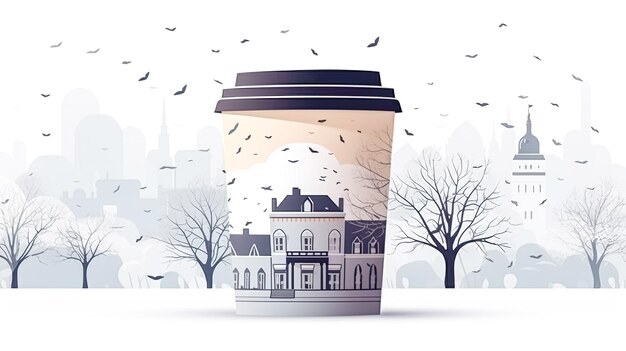 Одноразовая кофейная чашка с генеративным искусственным интеллектом зимнего города