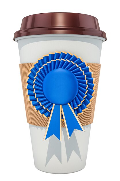 Foto coppa di caffè o tè usa e getta con distintivo blu vincitore del premio rendering 3d