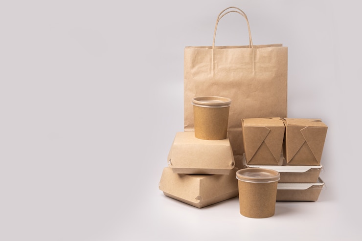 Disposable food delivery packaging on gray background