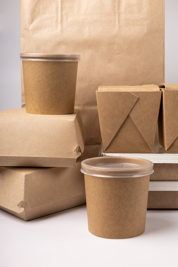 Disposable food delivery packaging on gray background