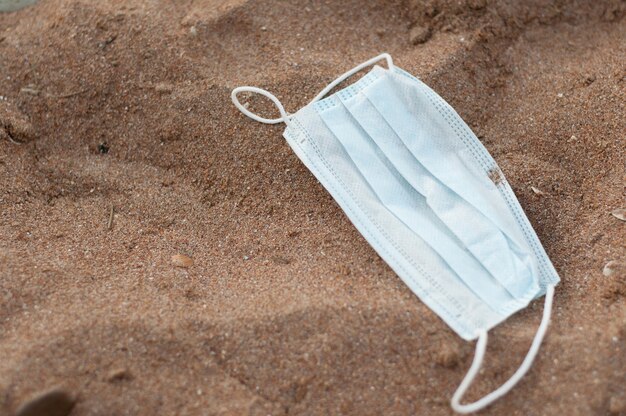 A disposable medical mask of blue color lies on the sand with blurred edges