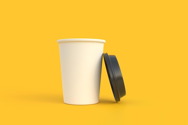 Disposable paper coffee cup with black lid on yellow background Minimal concept 3D Render